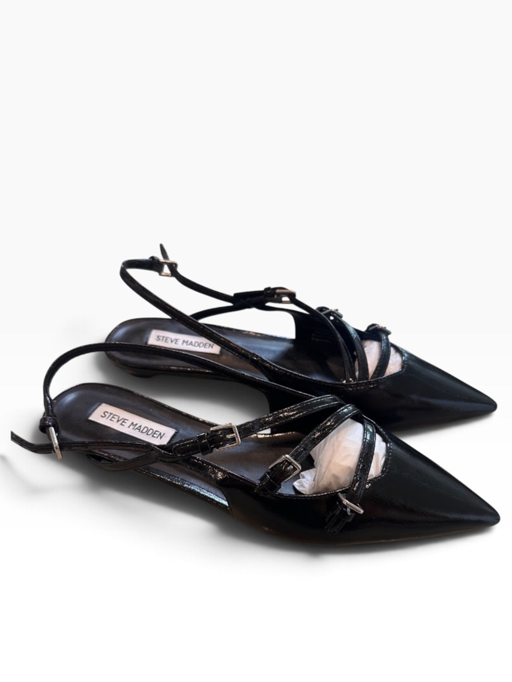 NIB Steve Madden Laylah Black Leather Pointed Toe Strappy Slingback Flats Size 9